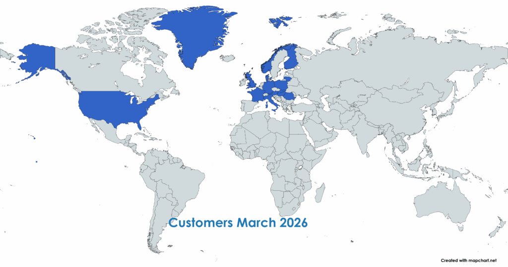 World map showing SciOps customer locations highlighted in blue across Europe, Greenland and North America